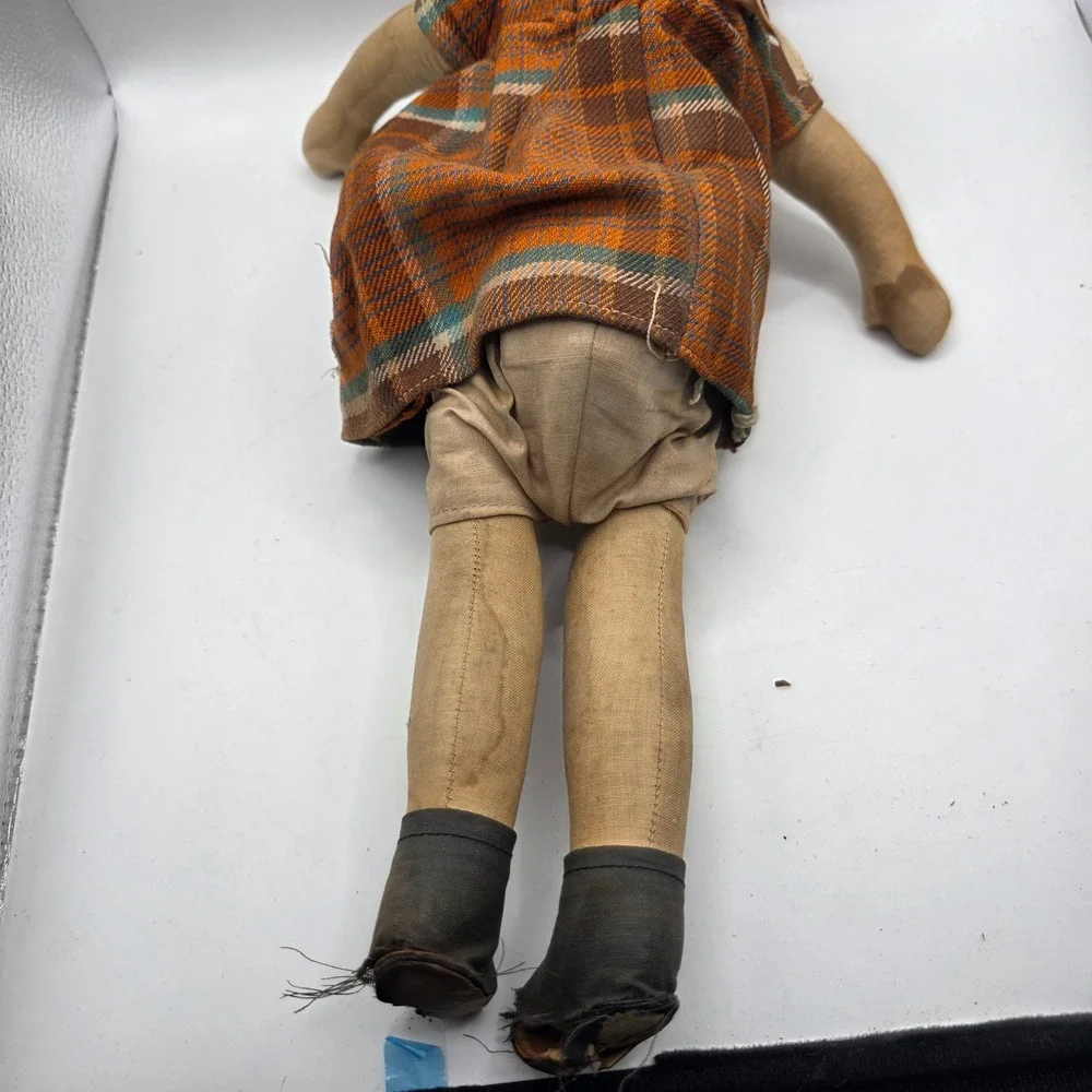 Old Cloth Doll Mask Face Red Yarn Hair Plaid Dress Bonnet Primitive Doll As Is